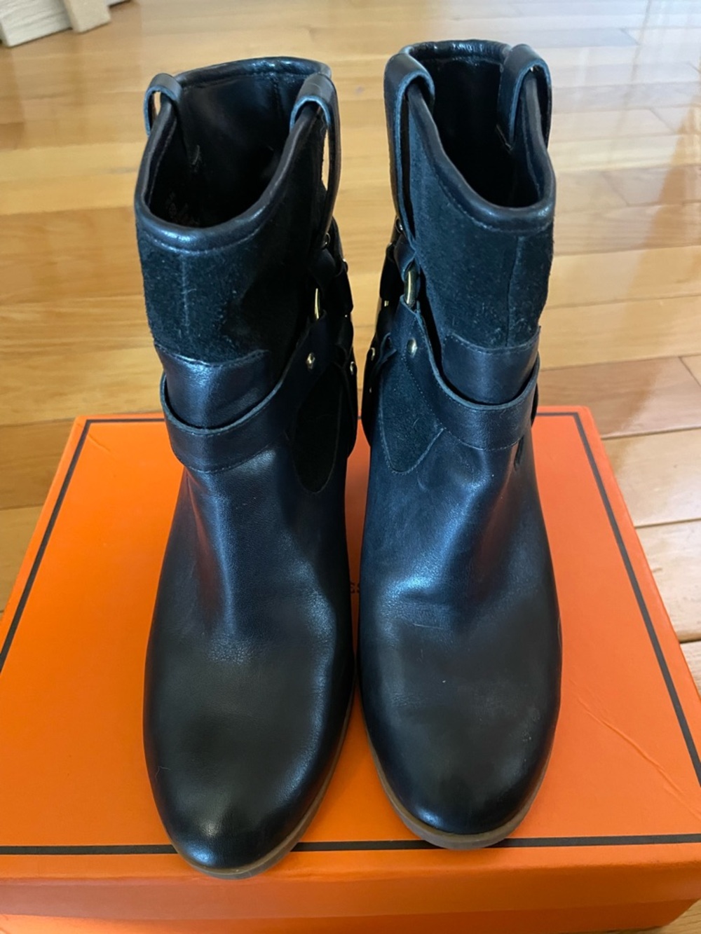 Ralph Lauren Black Leather & Suede Ankle Booties with Strap Detail